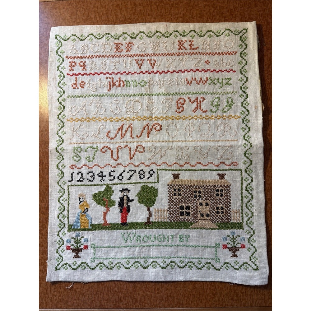 Vintage Alphabet Sampler House Colonial Early 1900's No Frame 14" By 17"